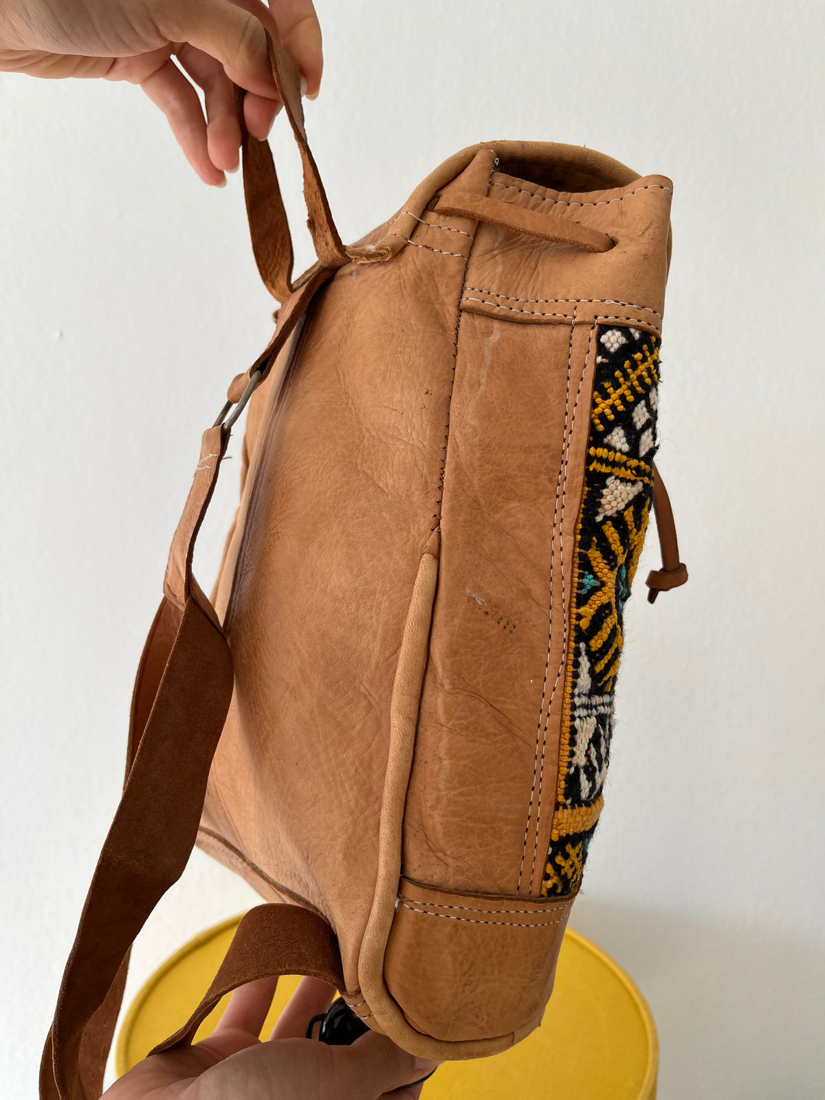 Boho leather camel brown backpack