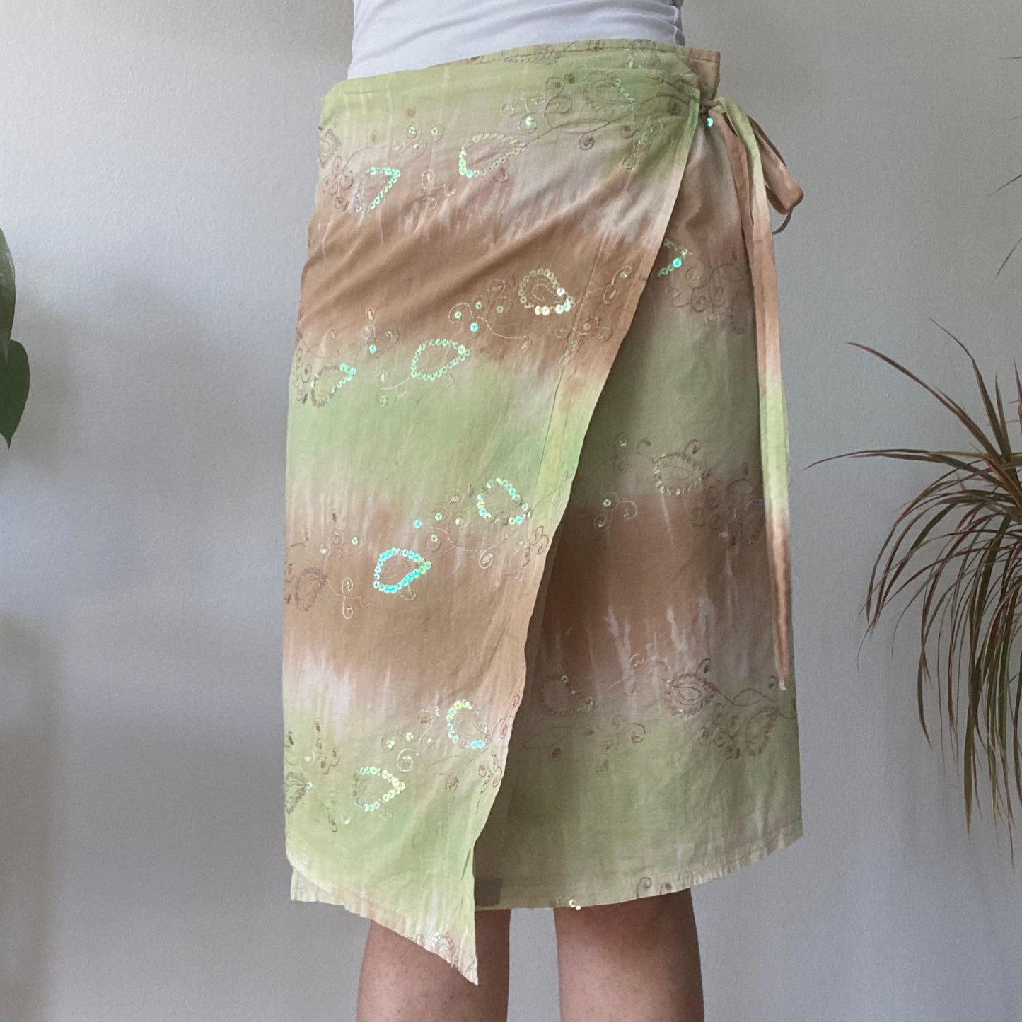 Green Tie Dye Wrap Skirt Y2K Sheer Midi Summer Beach Skirt