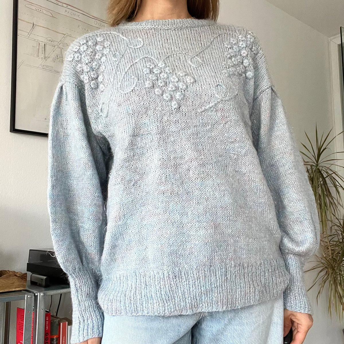 Blue fuzzy knit pullover sweater-Size L
