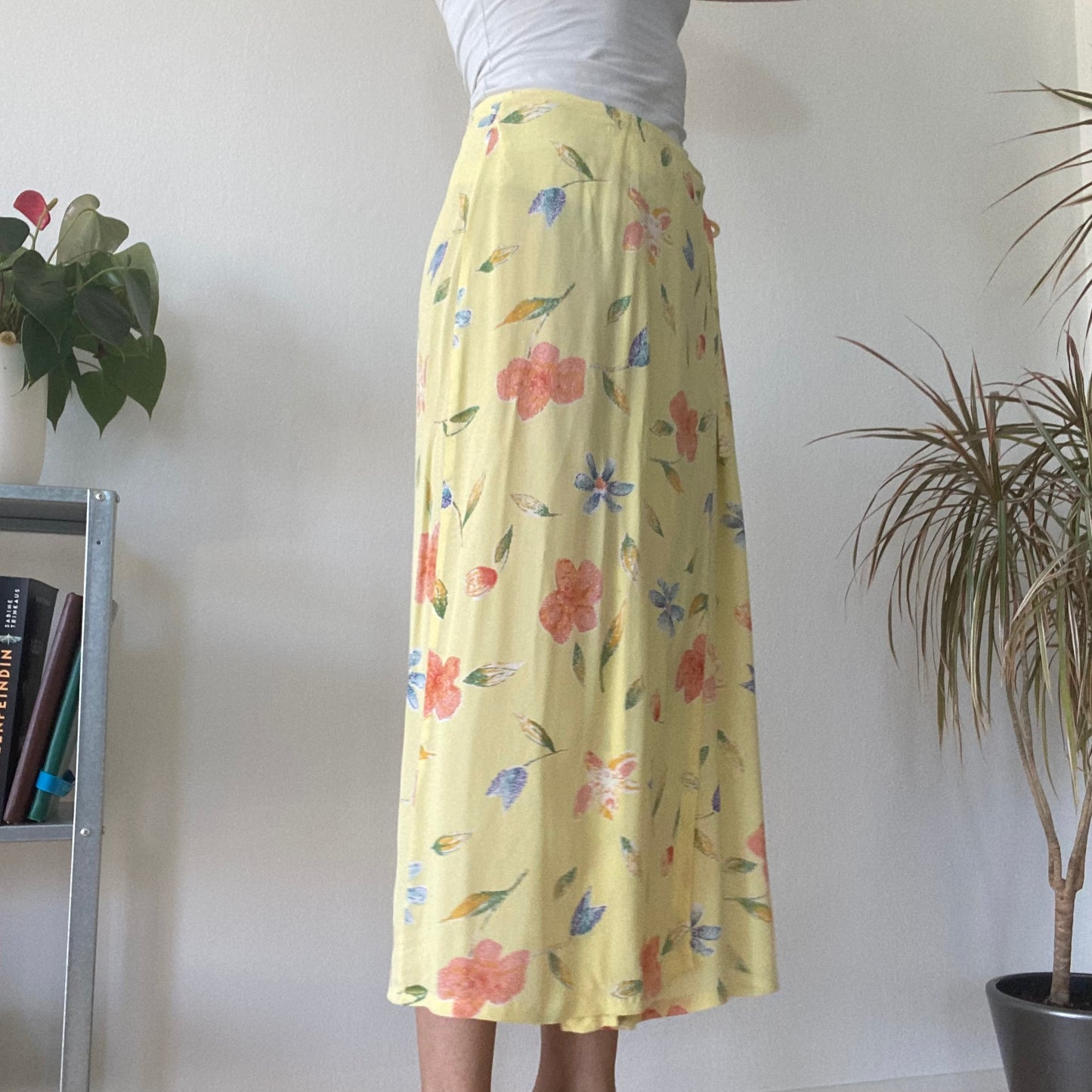 Yellow Floral Wrap Midi Skirt Summer Vintage Boho A Line Skirt