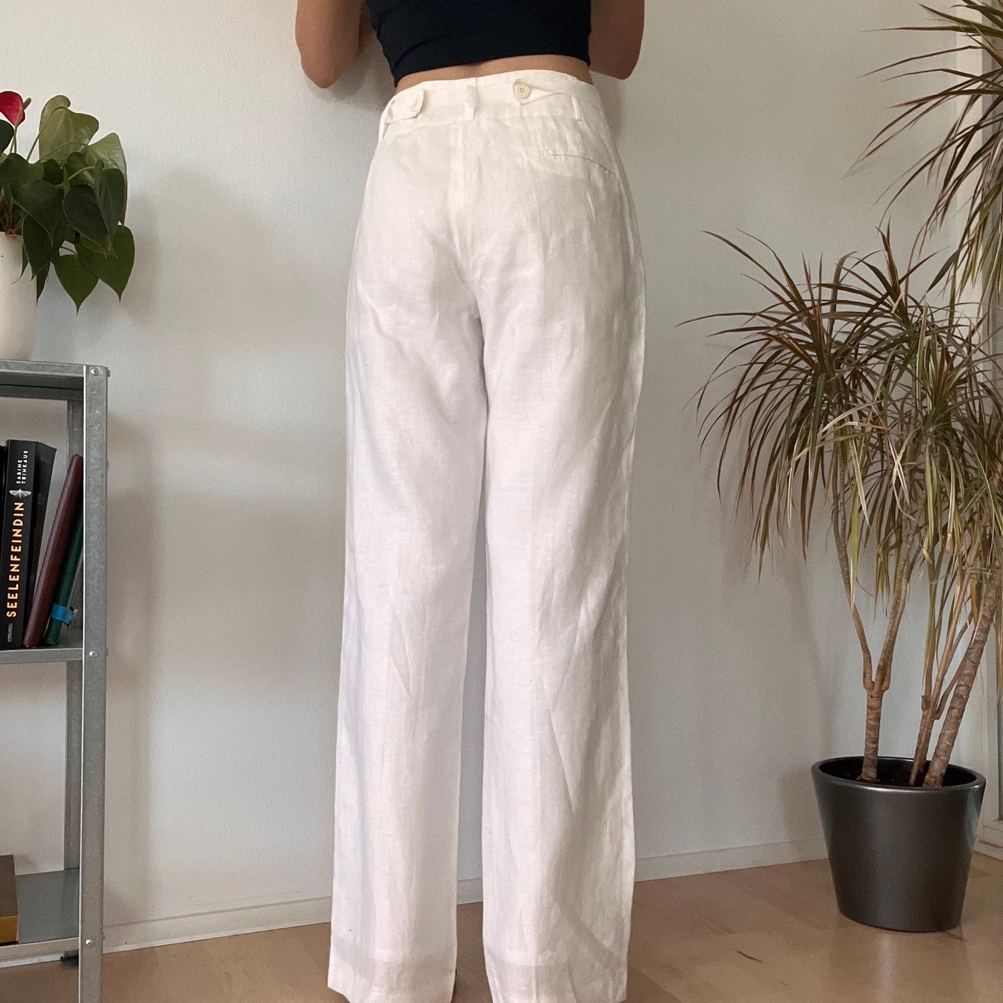 Wide linen long white trousers-XL