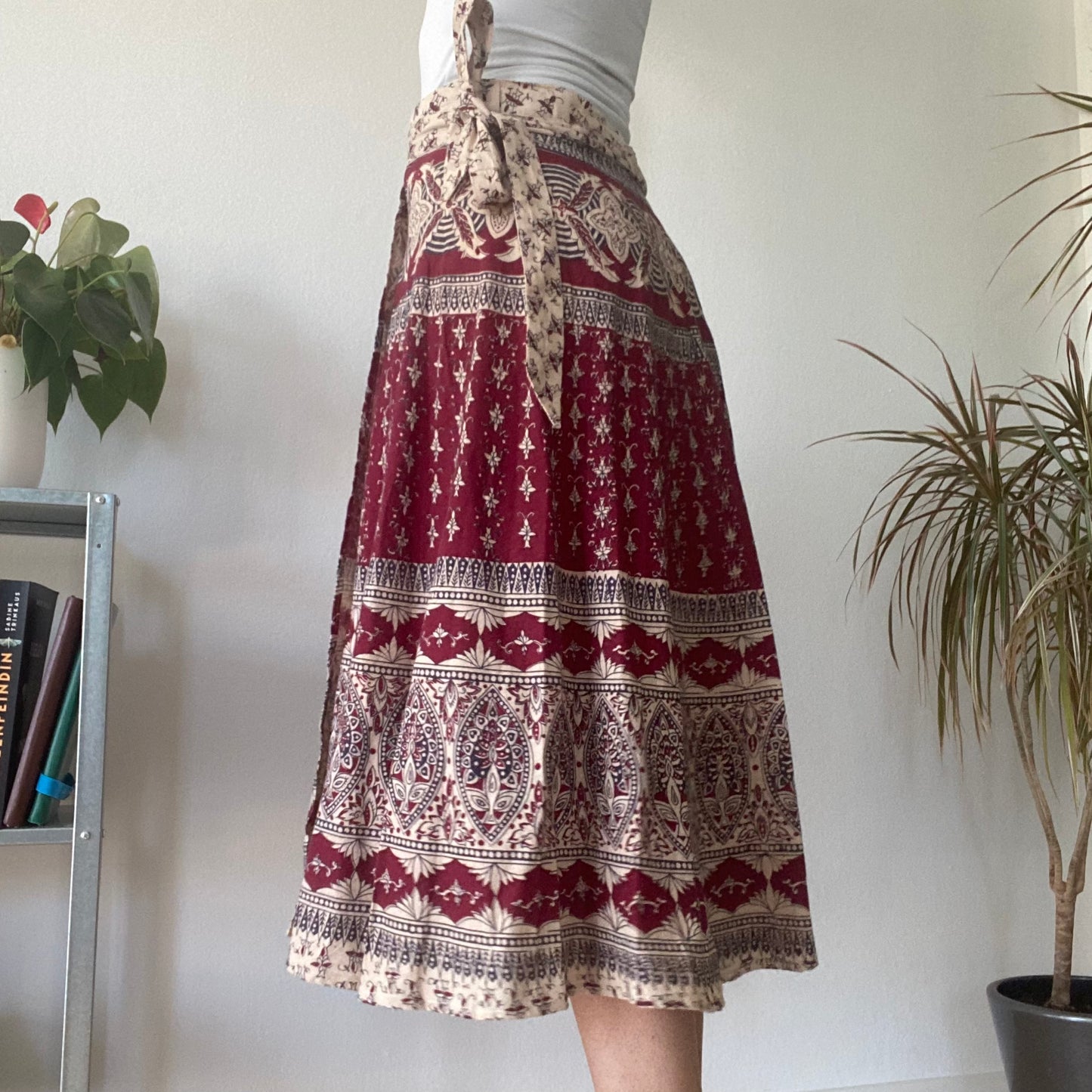 Red Boho Print Midi Skirt Vintage Wrap Style Festival A Line Skirt