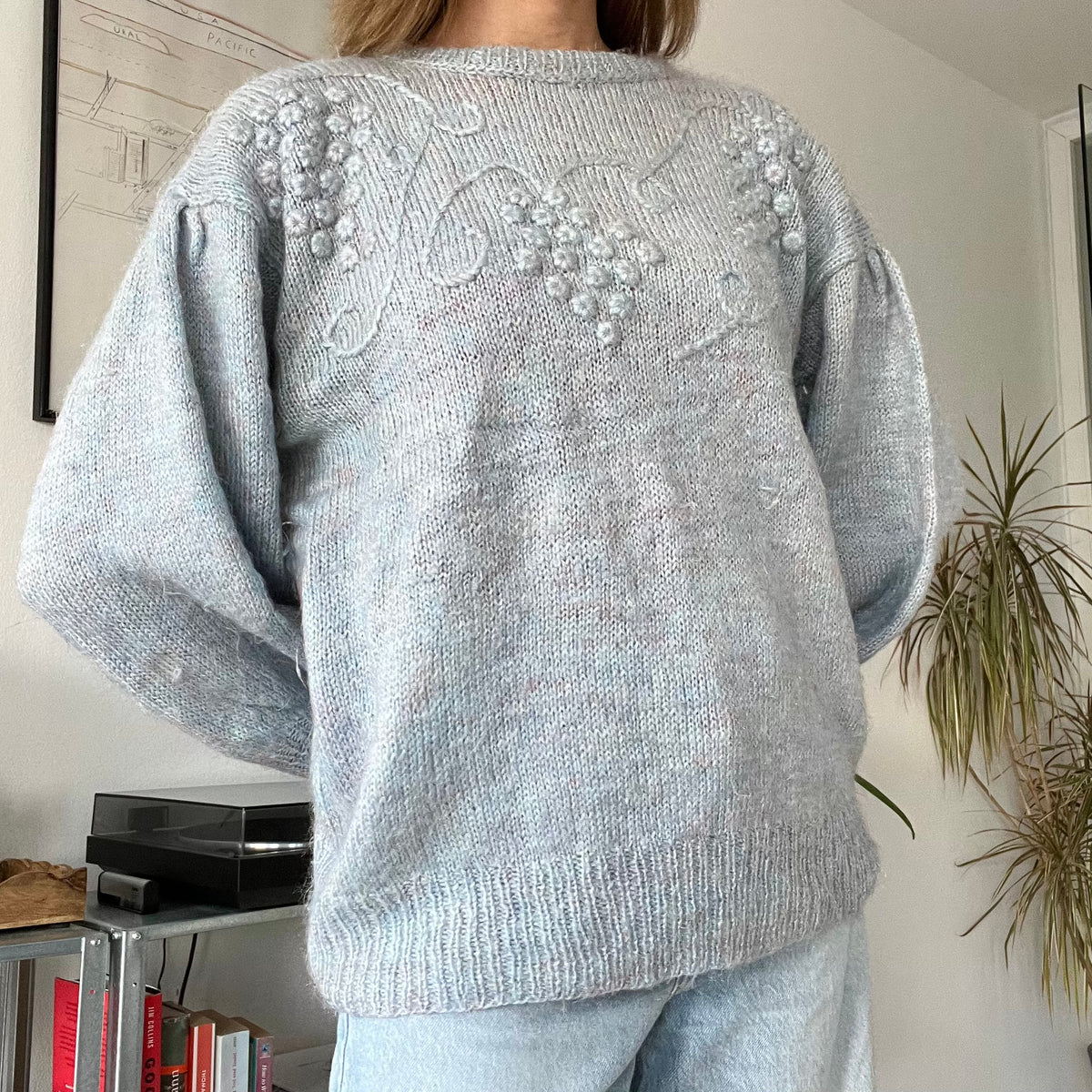 Blue fuzzy knit pullover sweater-Size L