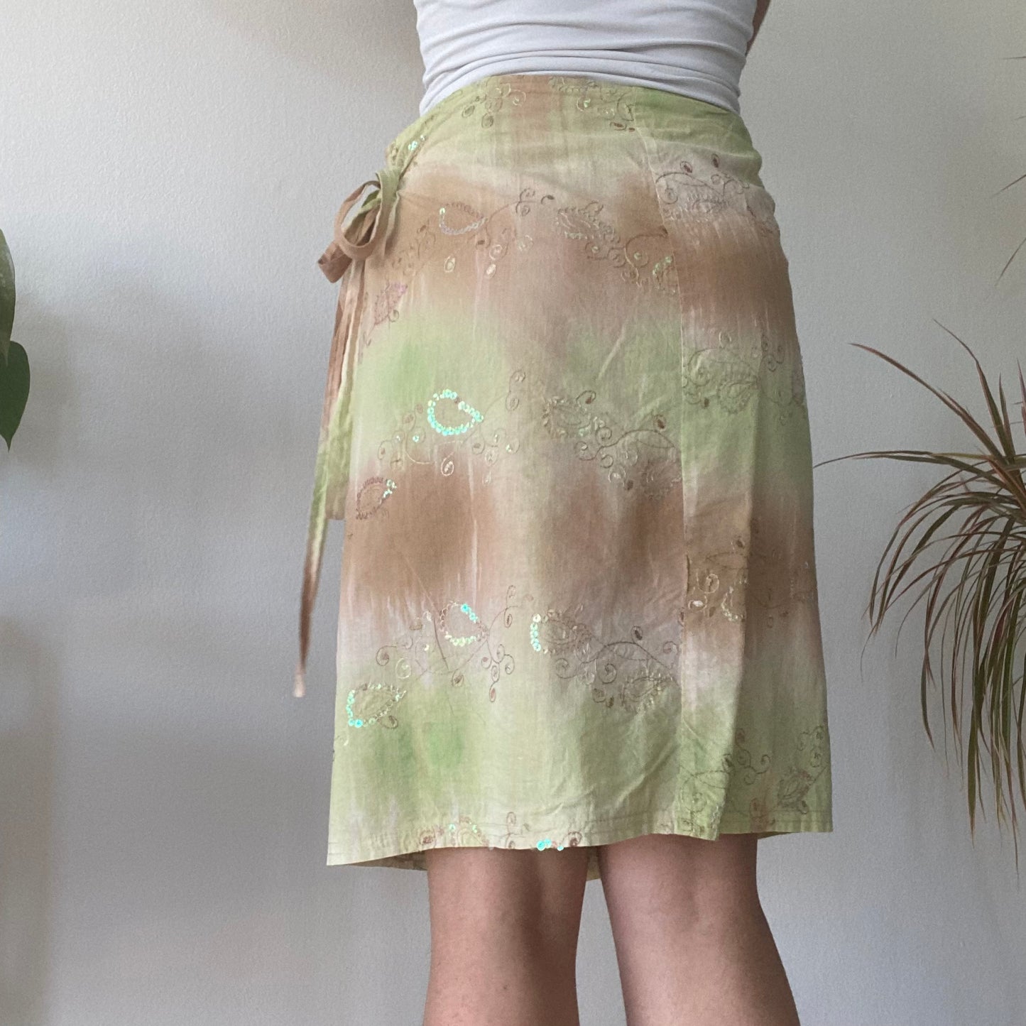 Green Tie Dye Wrap Skirt Y2K Sheer Midi Summer Beach Skirt