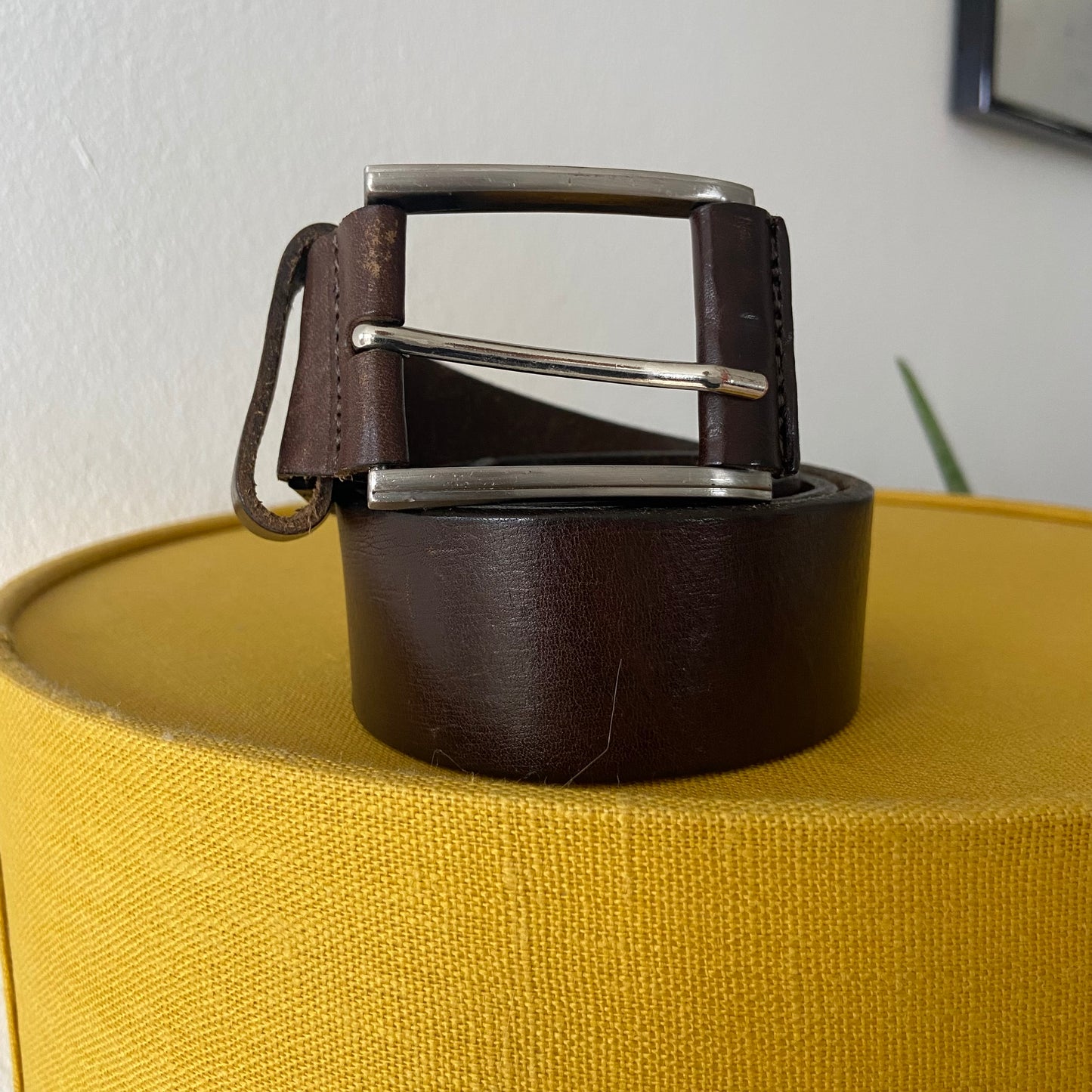Thick brown metal leather belt