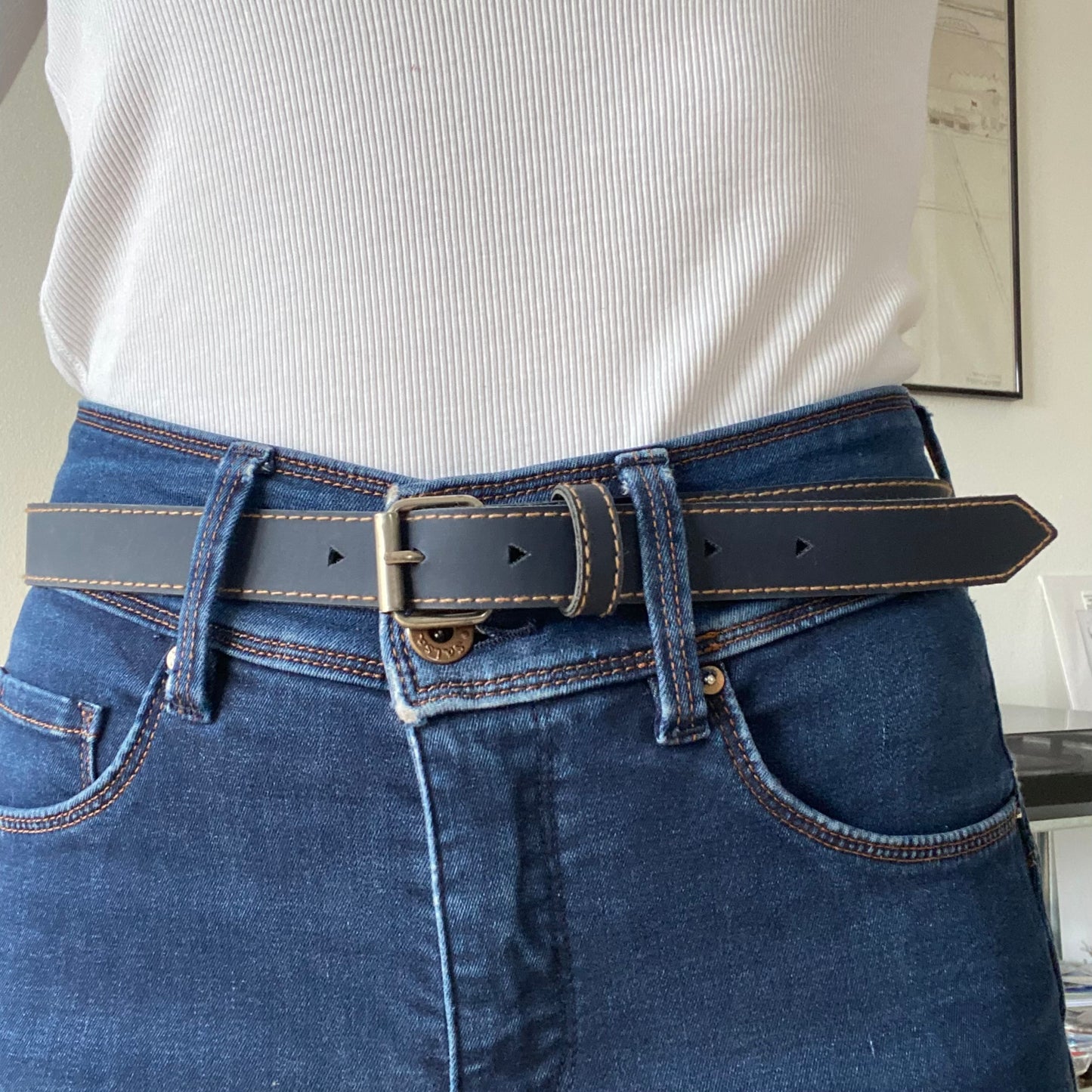 Grey blue metal buckle thin leather belt