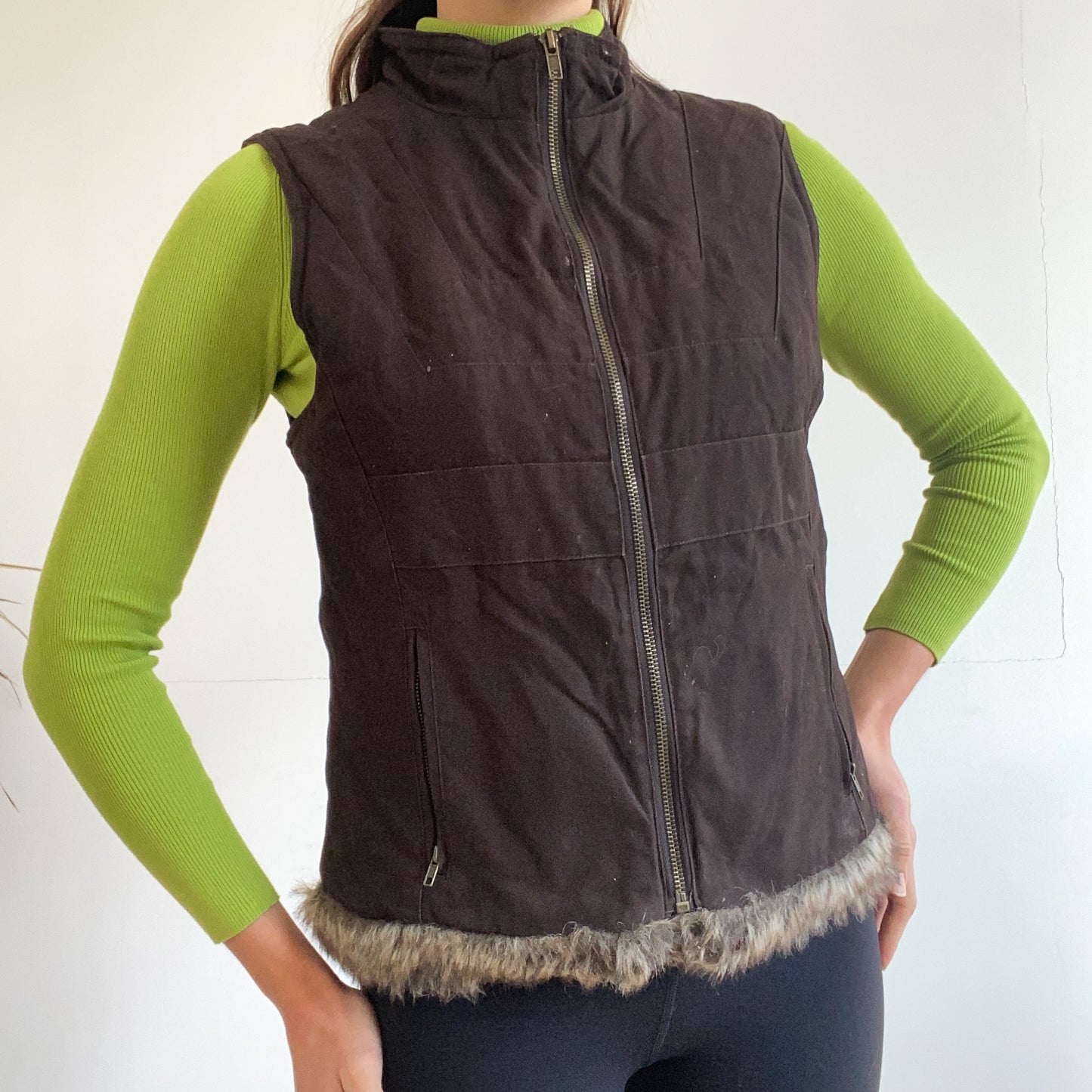 Brown Fur-Trim Quilted Vest