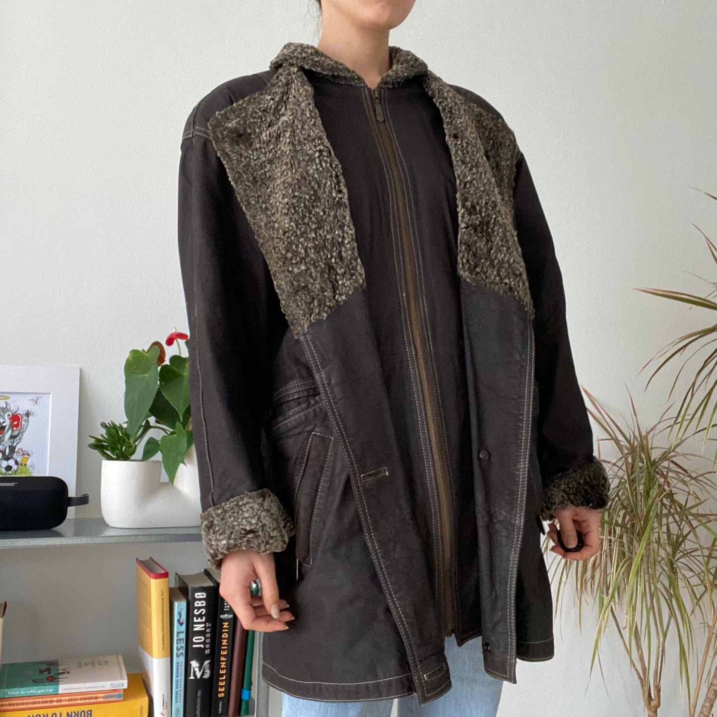Vintage brown mid-length leather coat