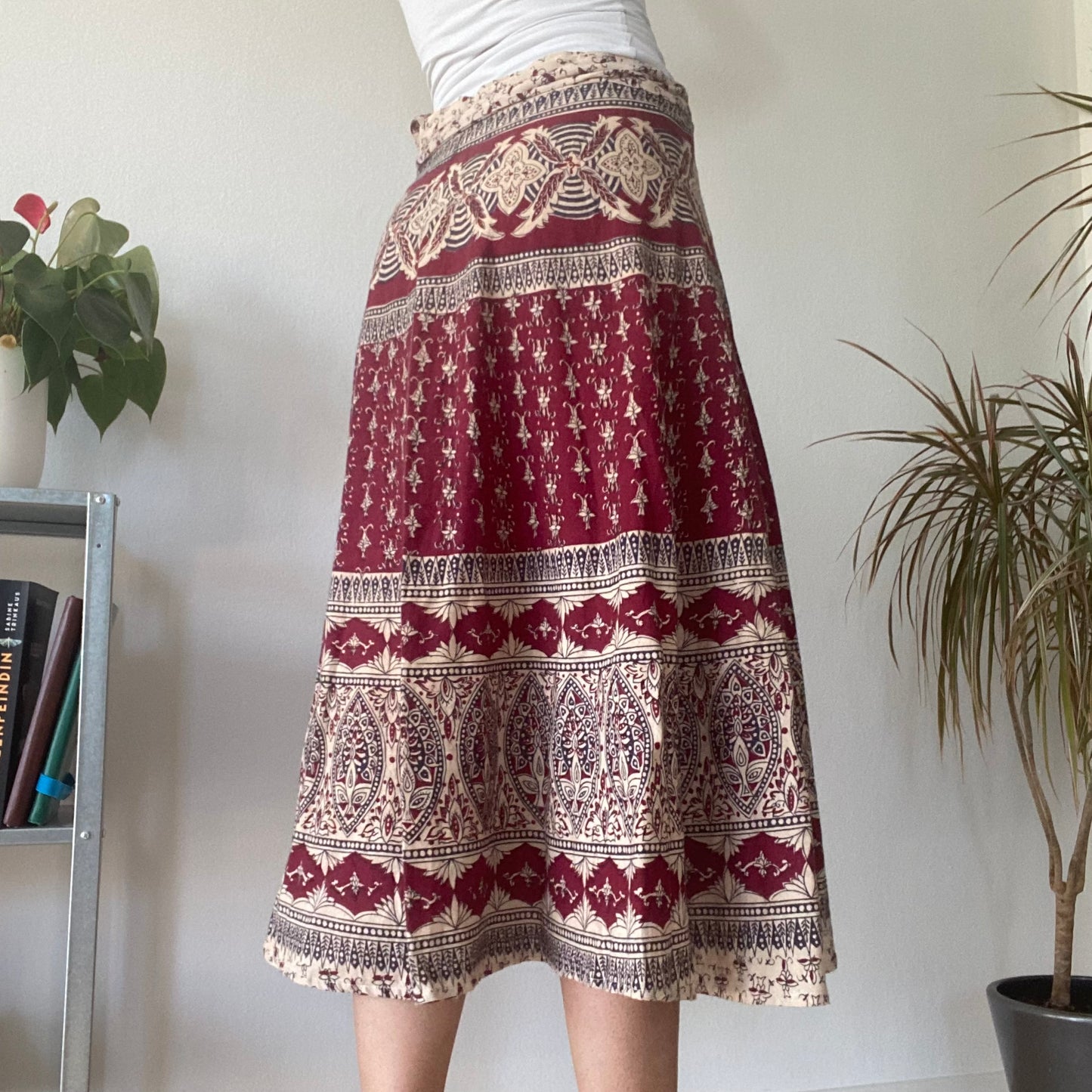 Red Boho Print Midi Skirt Vintage Wrap Style Festival A Line Skirt