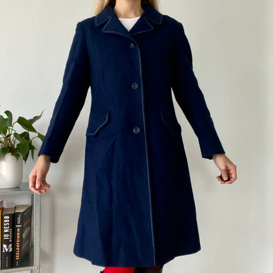 Navy Blue Wool Coat Single Breasted Tailored Mid Length Classic