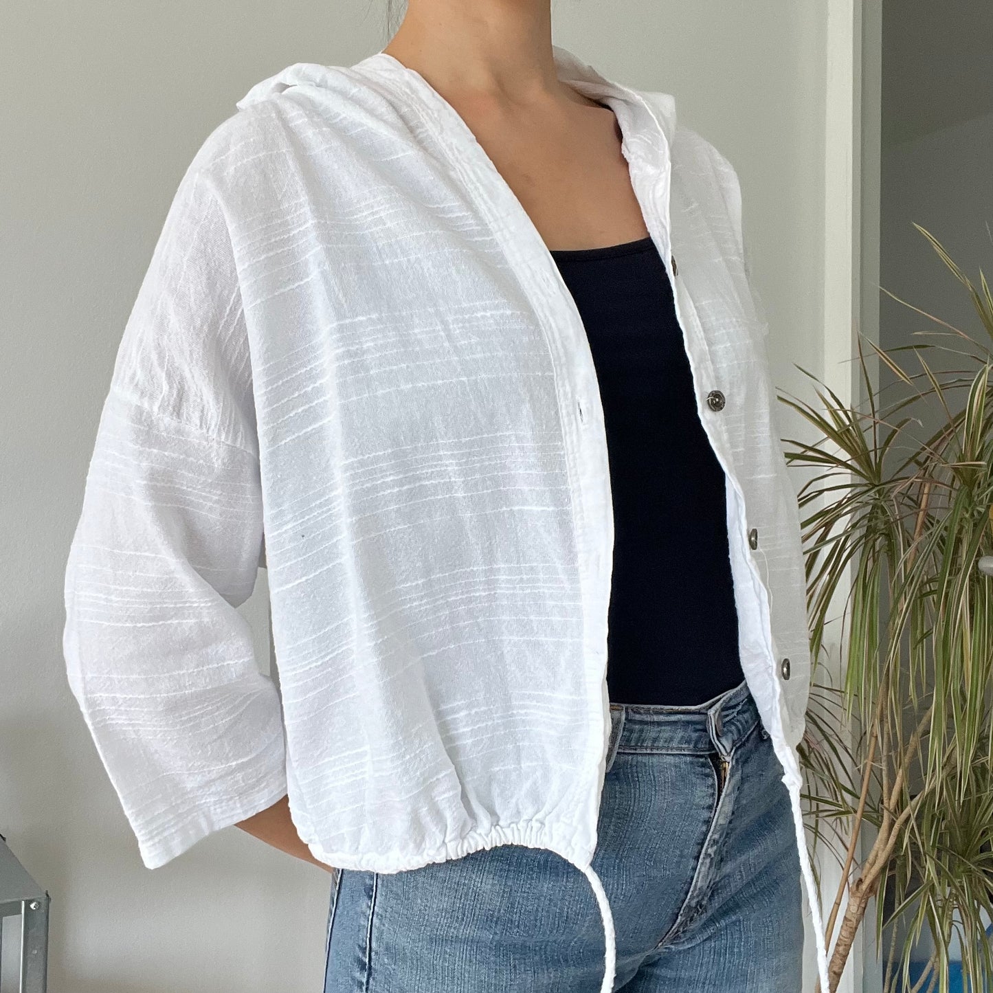 hooded cotton gauze button-down top-Free size
