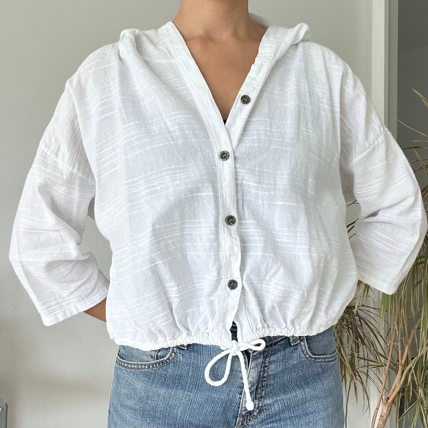 hooded cotton gauze button-down top-Free size