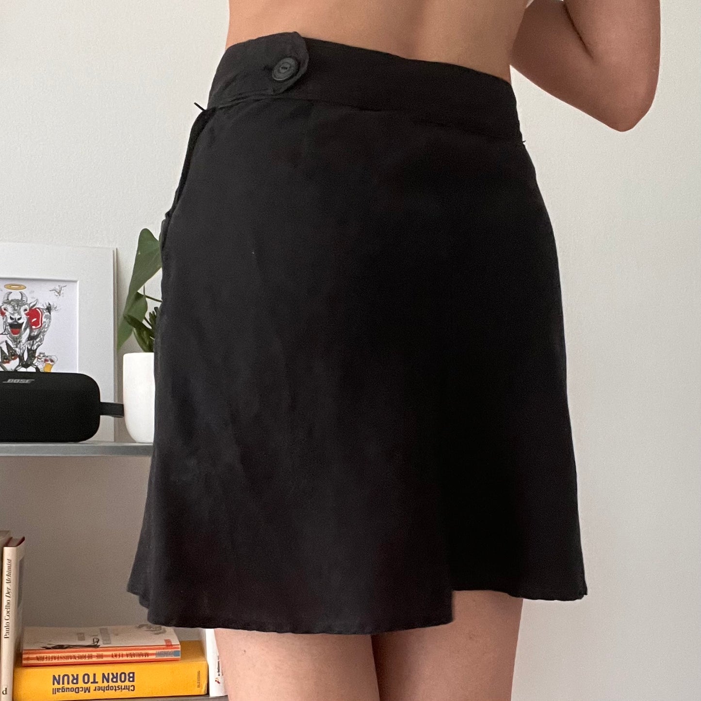 Black Linen High Waist Mini Skirt Minimalist Y2K-Size 34