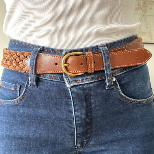 Gold buckle brown braided belt