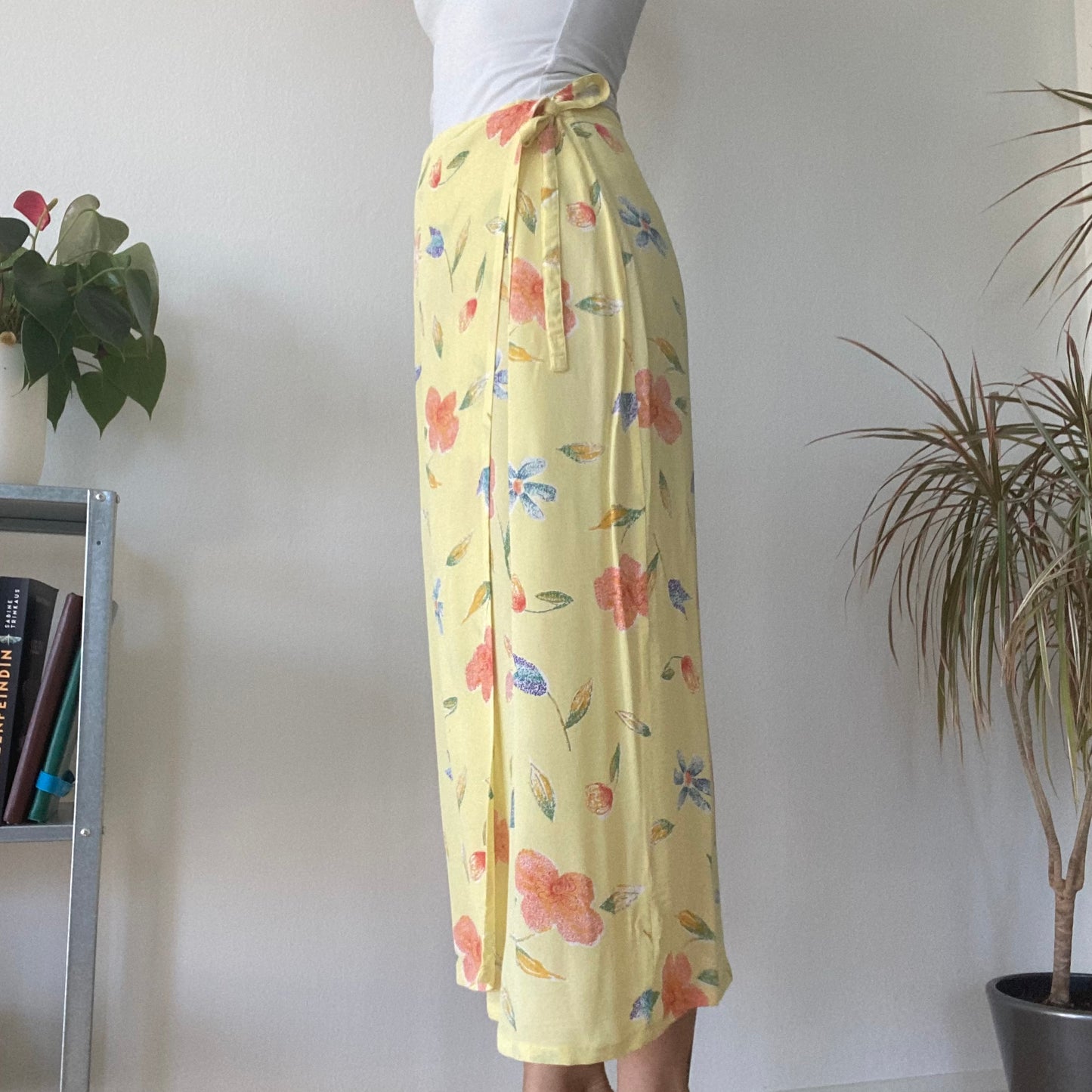 Yellow Floral Wrap Midi Skirt Summer Vintage Boho A Line Skirt