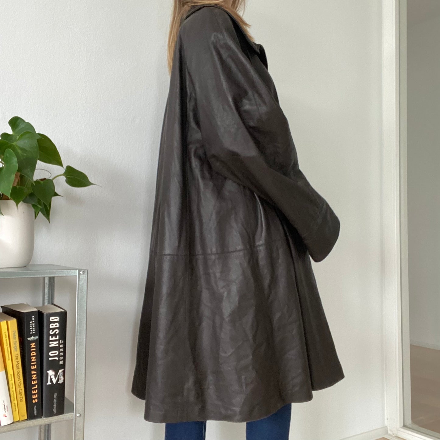 Long vintage leather brown coat