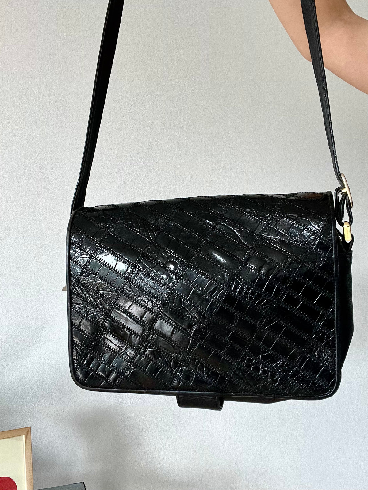 Black Quilted Patent Shoulder Bag