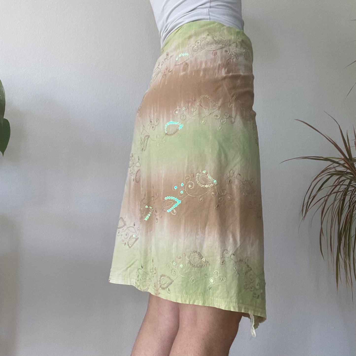 Green Tie Dye Wrap Skirt Y2K Sheer Midi Summer Beach Skirt