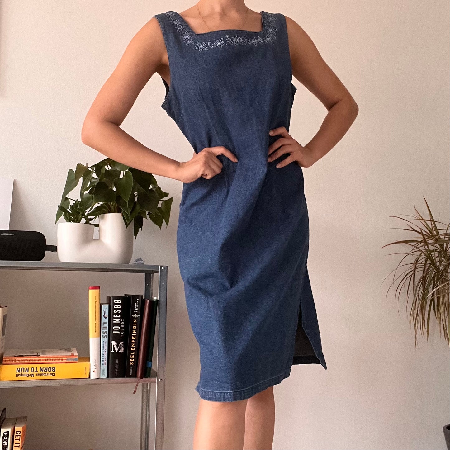 Vintage Embroidered Denim Midi Dress - Size 40