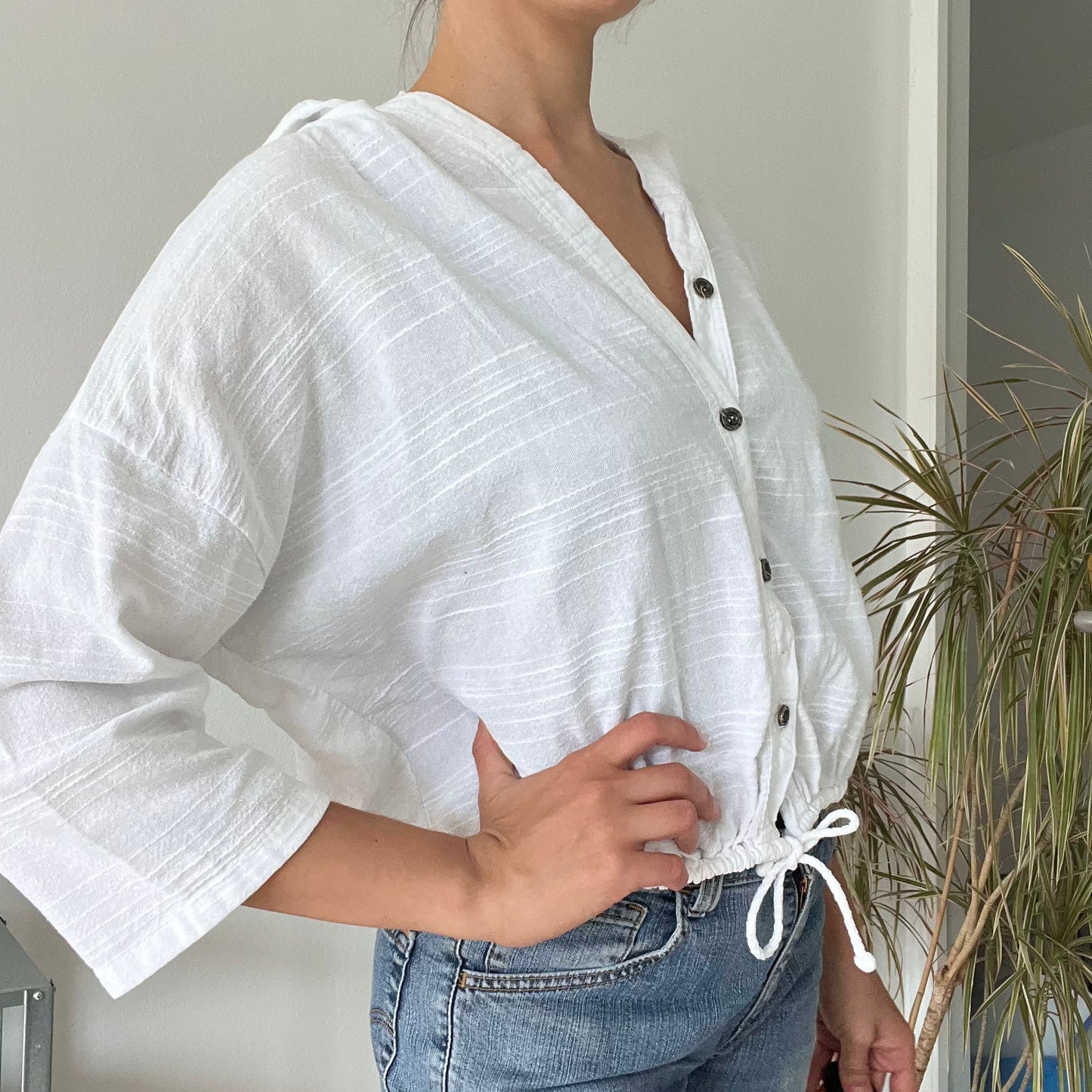 hooded cotton gauze button-down top-Free size