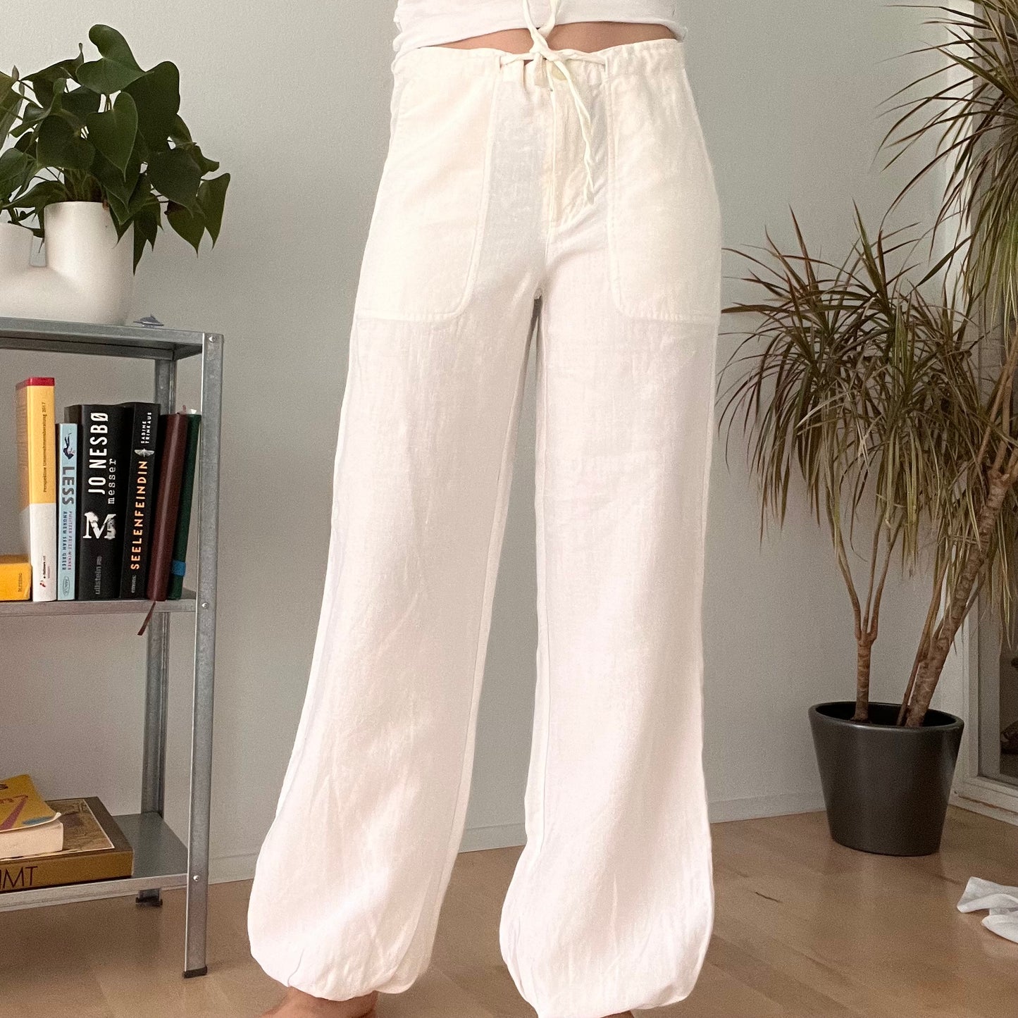 White Linen Wide Leg Drawstring Trousers-Size S