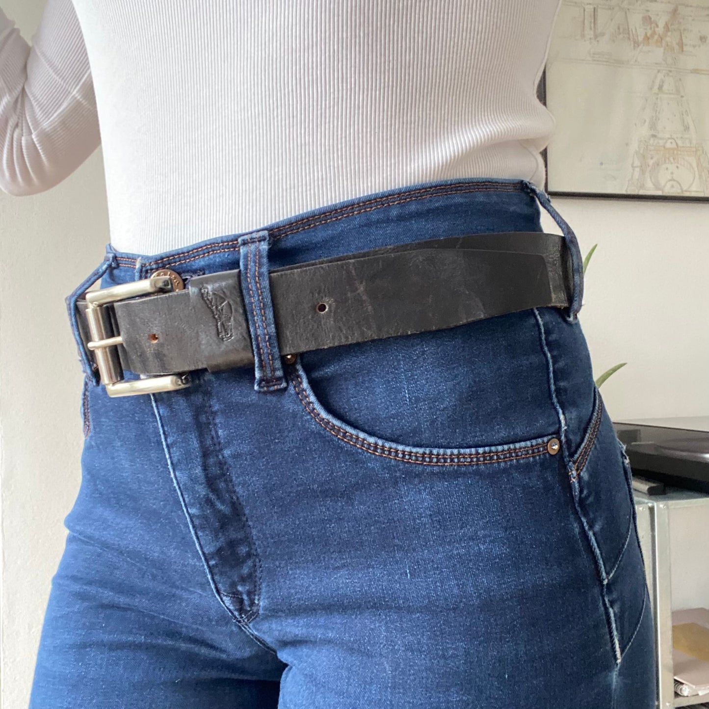 Black leather belt metal buckle