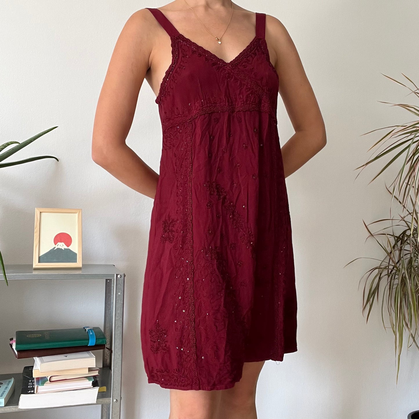 Vintage Burgundy Beaded Mini Dress-Free size