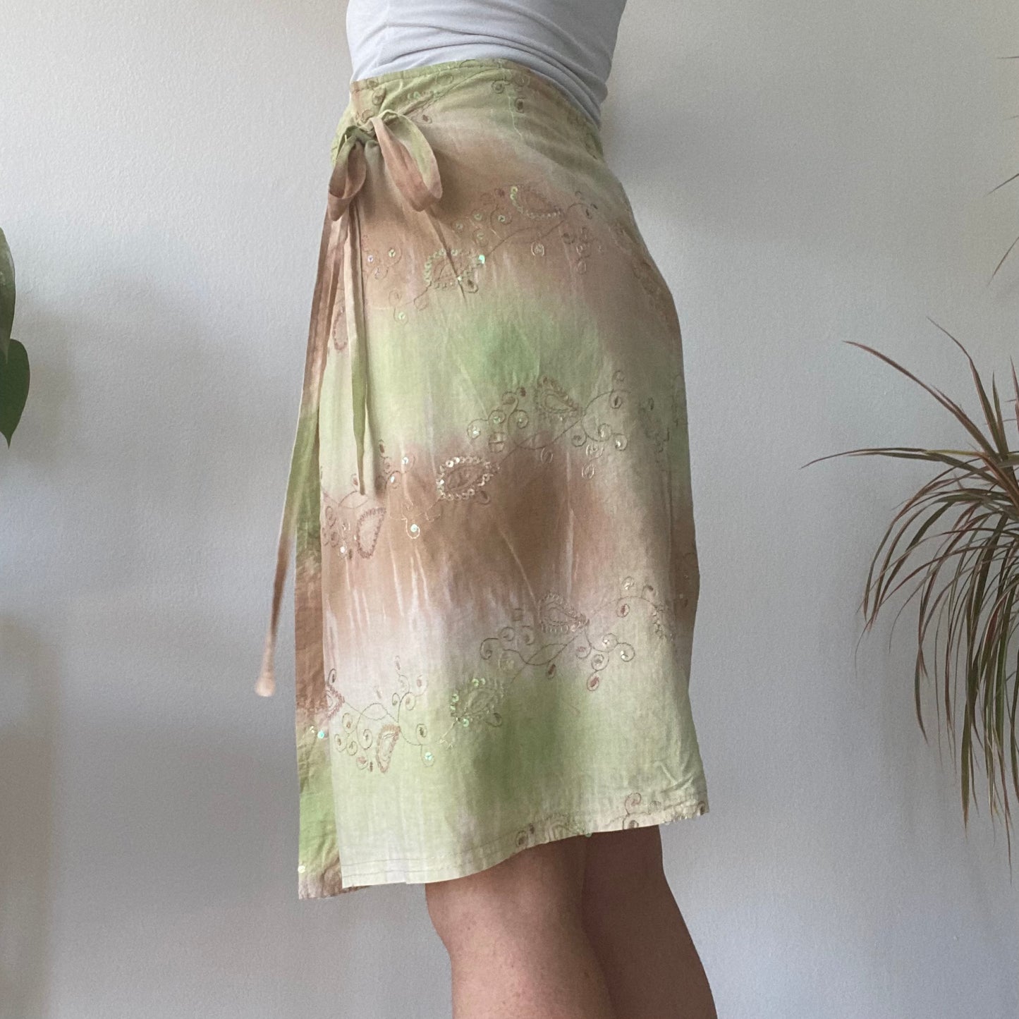 Green Tie Dye Wrap Skirt Y2K Sheer Midi Summer Beach Skirt