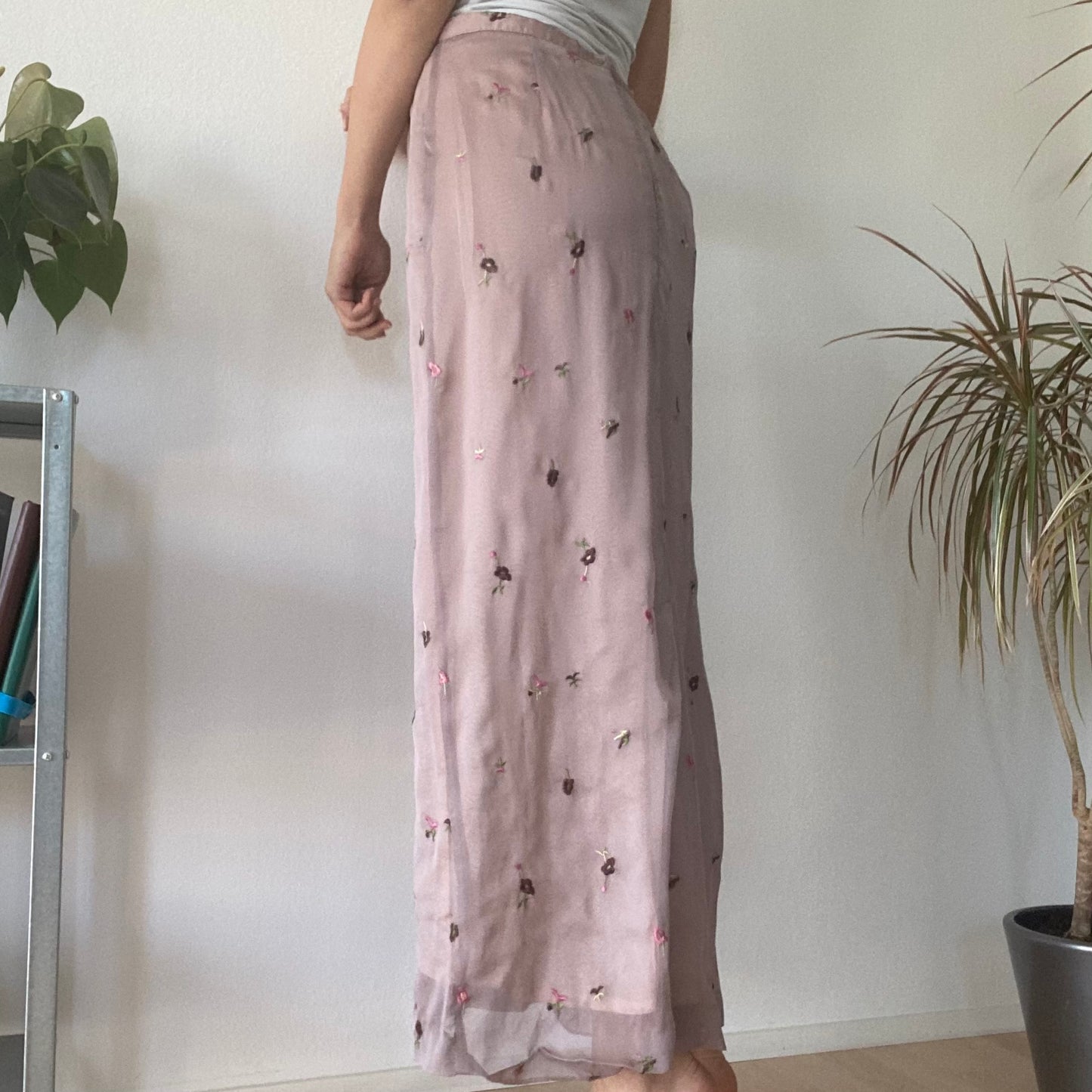 Pink Sheer Embroidered Midi Skirt Y2K Vintage Floral Mesh Skirt