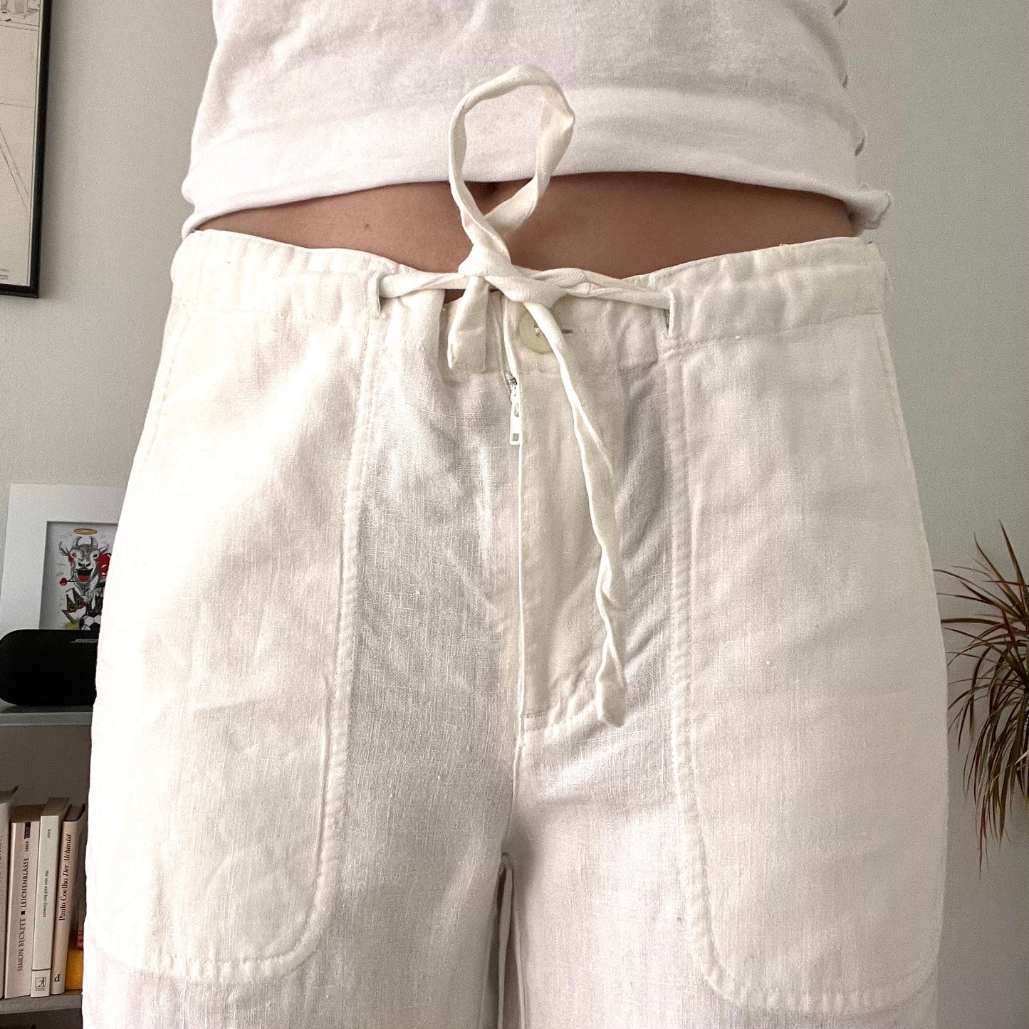 White Linen Wide Leg Drawstring Trousers-Size S