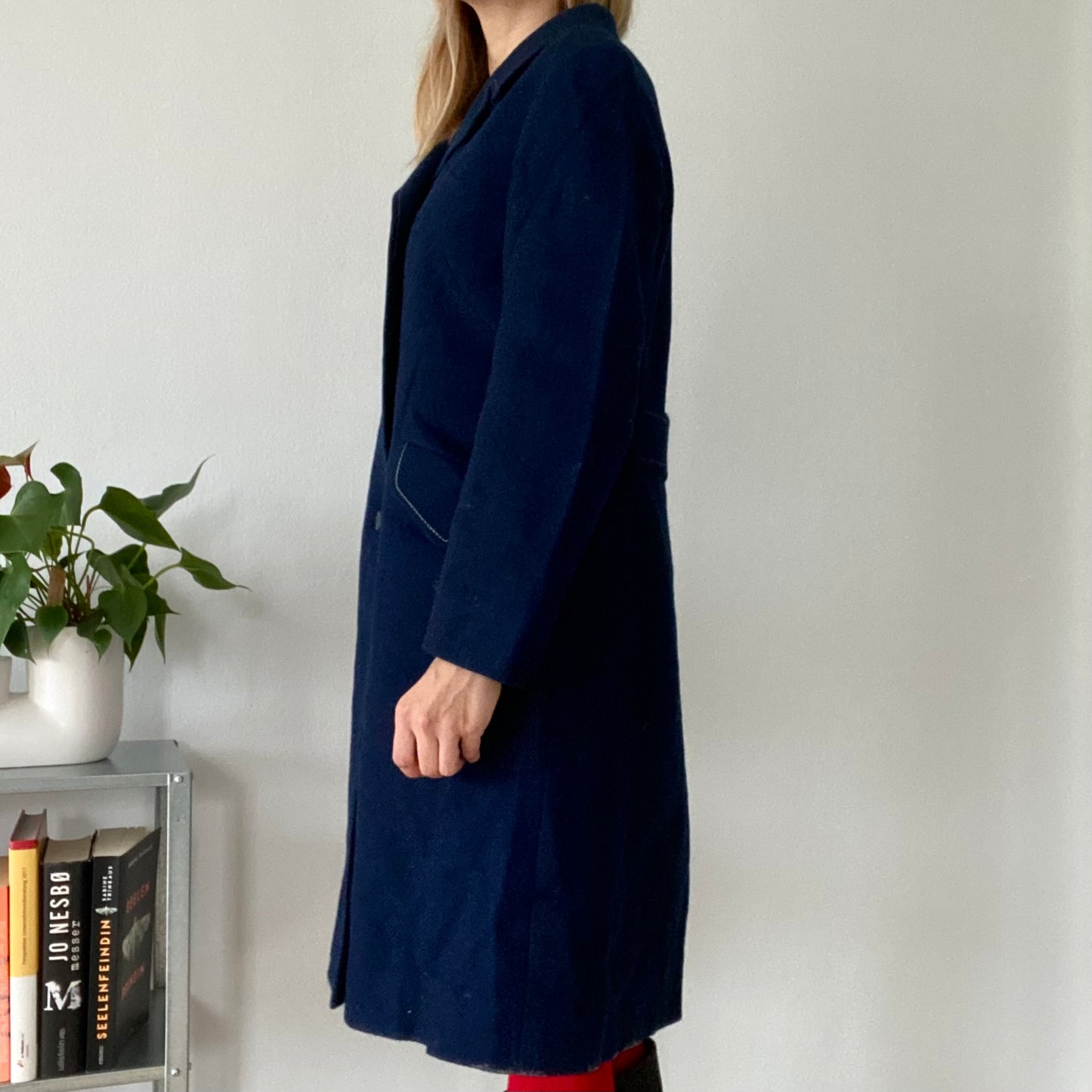 Navy Blue Wool Coat Single Breasted Tailored Mid Length Classic
