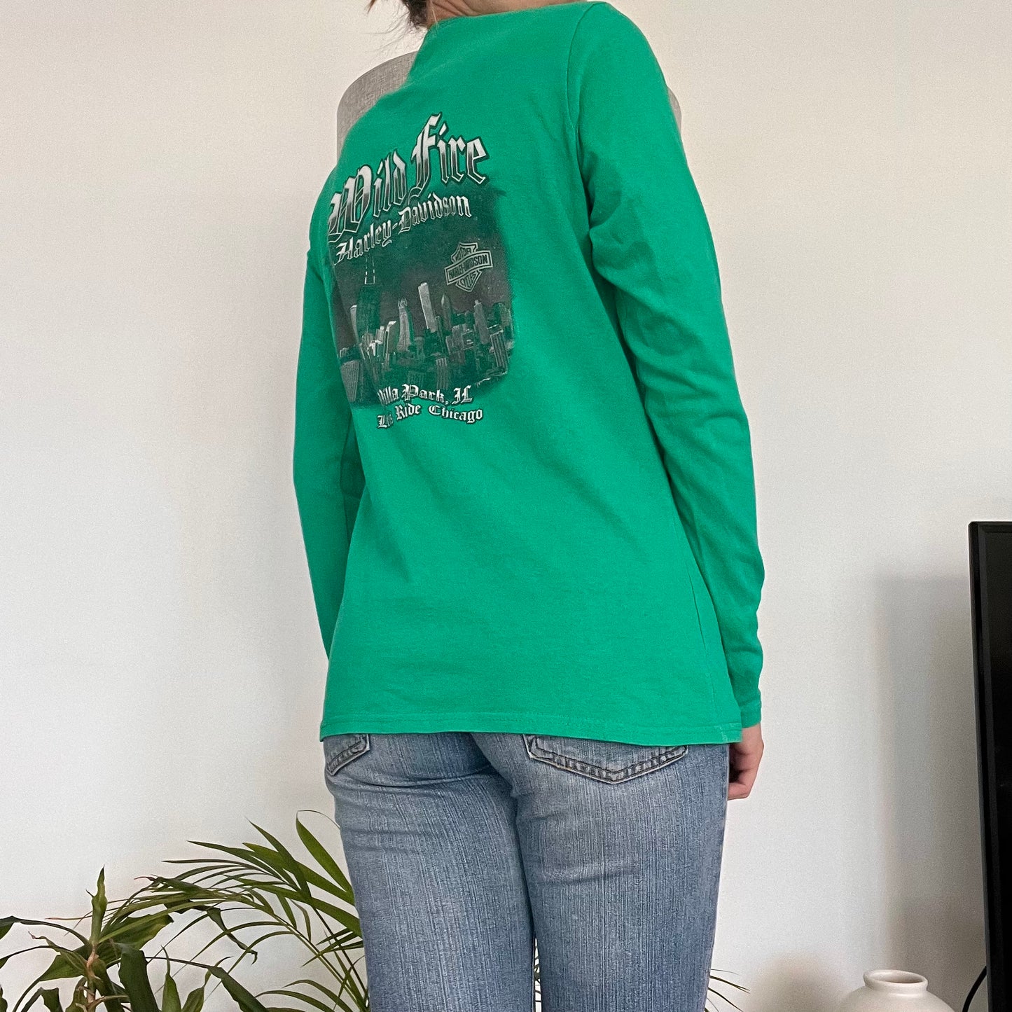 Harley Davidson, green long sleeve shirt- size S