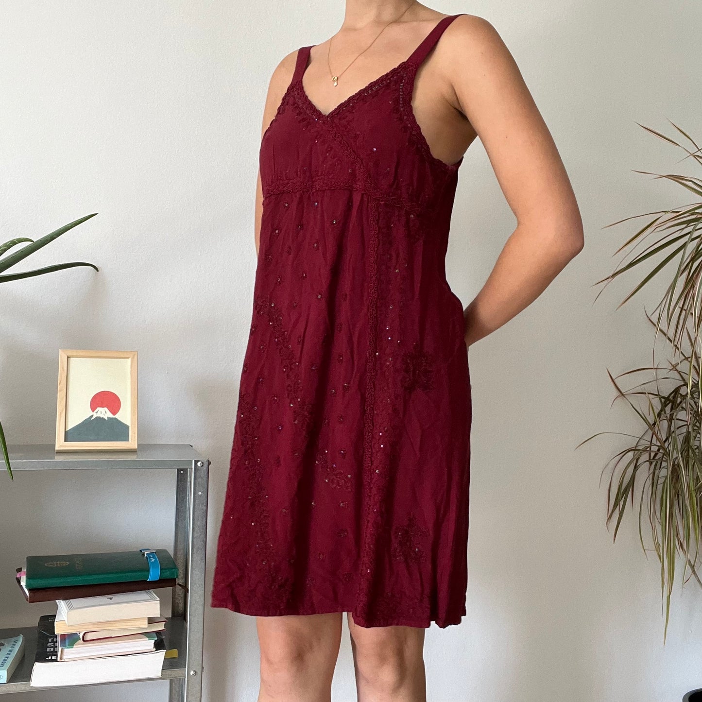 Vintage Burgundy Beaded Mini Dress-Free size