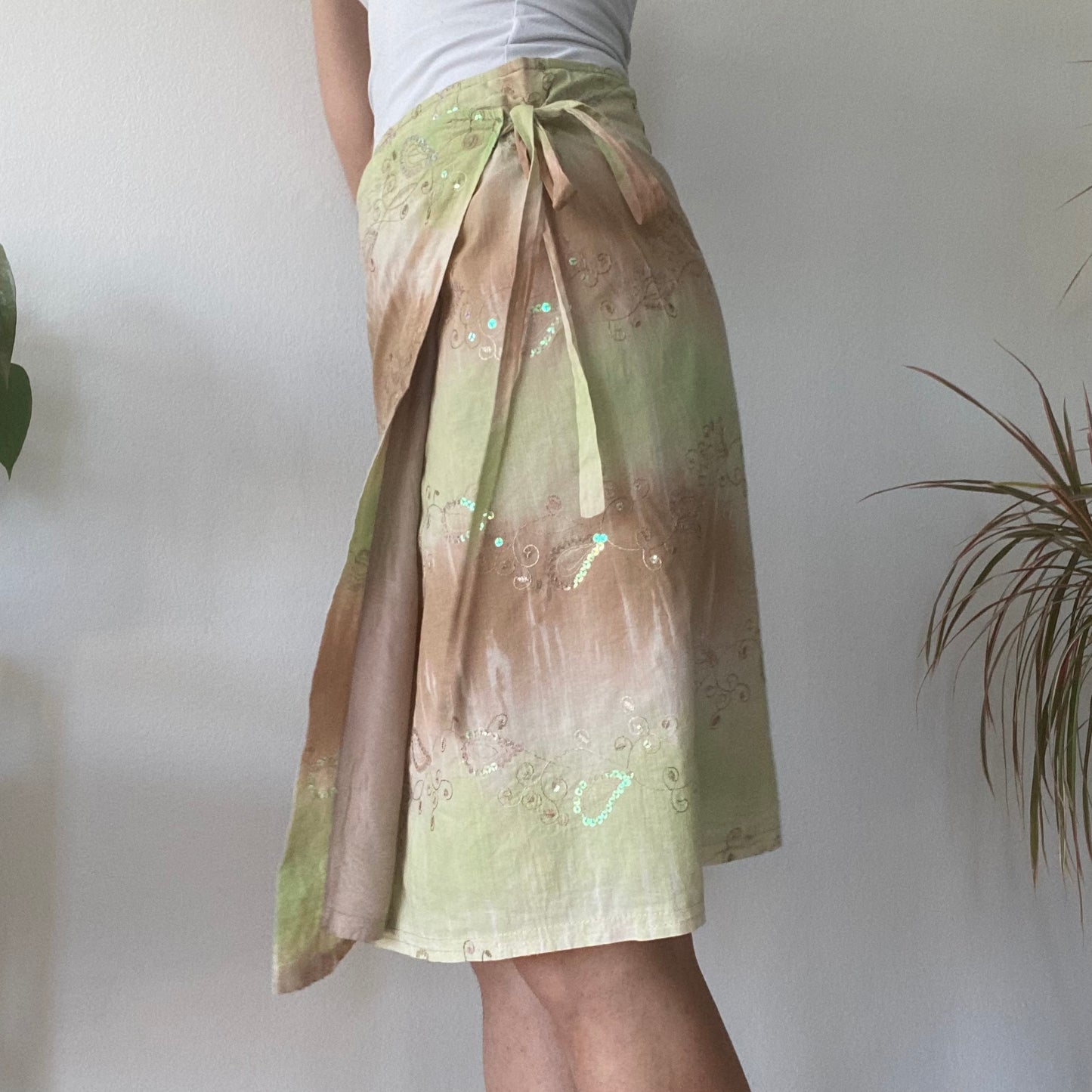Green Tie Dye Wrap Skirt Y2K Sheer Midi Summer Beach Skirt