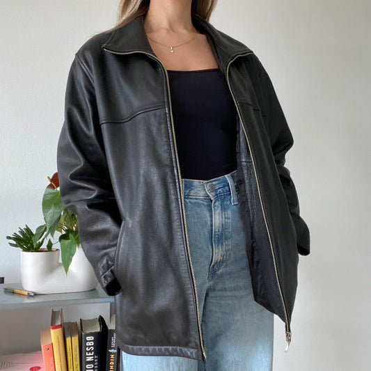 Black thick street wear leather jacket Men size