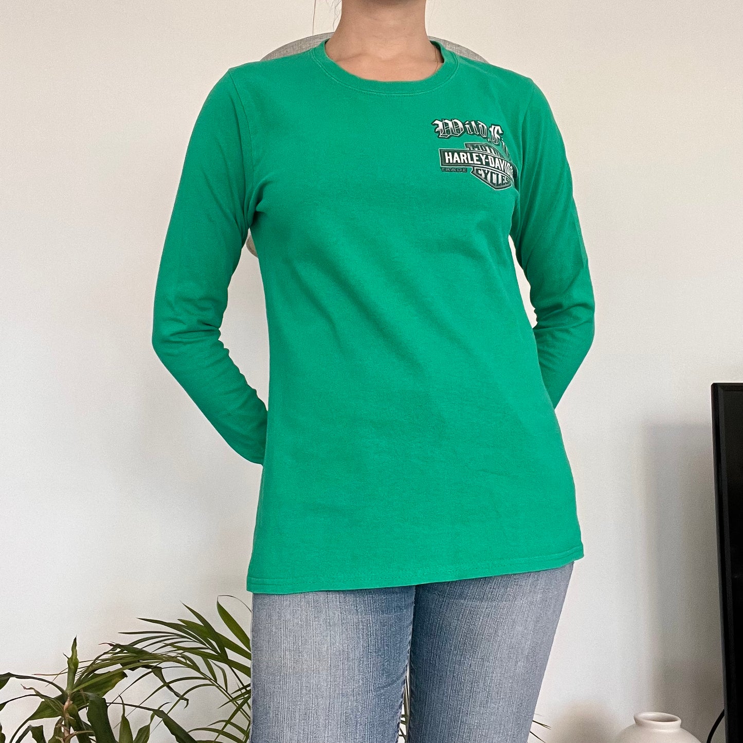 Harley Davidson, green long sleeve shirt- size S