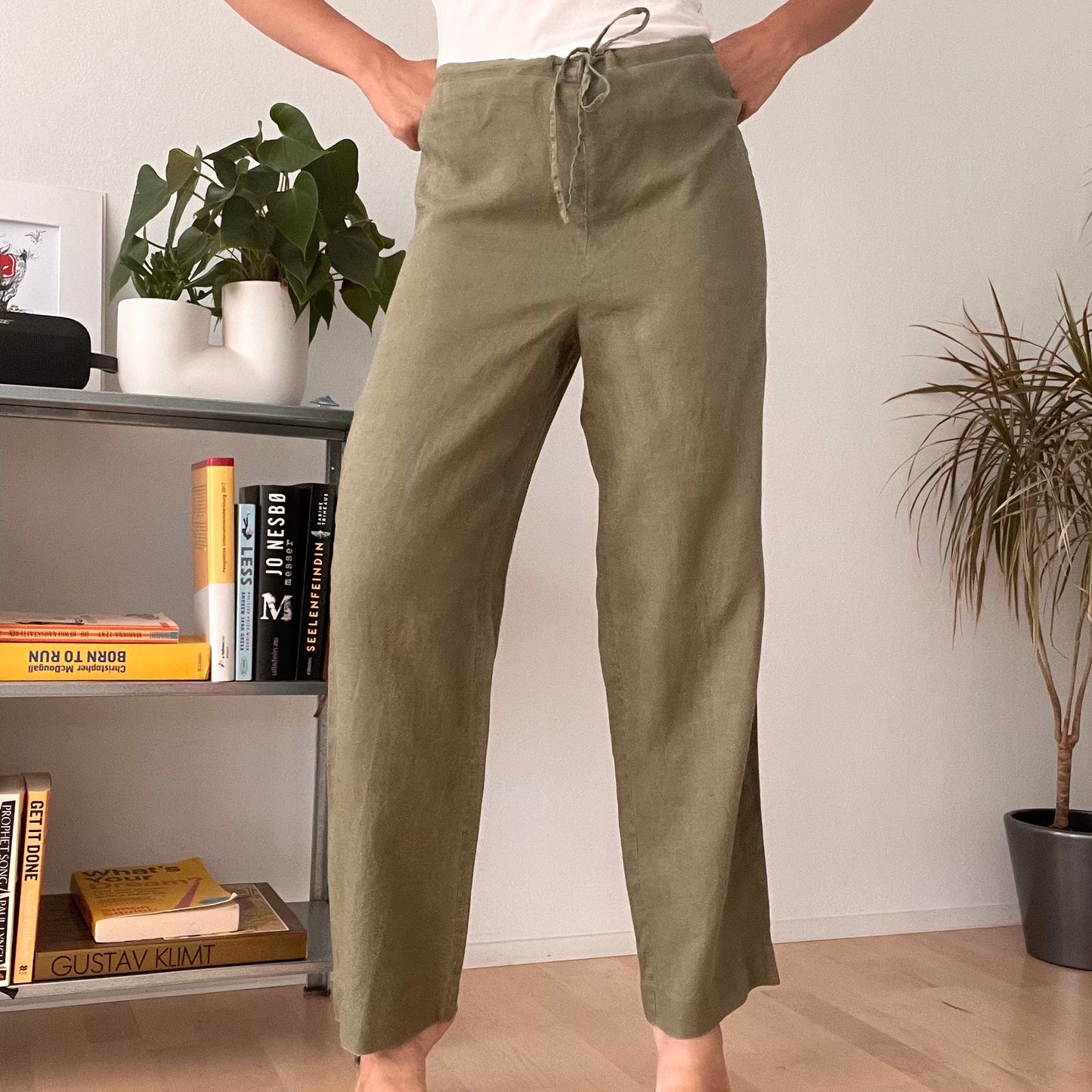 Sage Green Linen Blend Wide Leg Trousers-Size 38