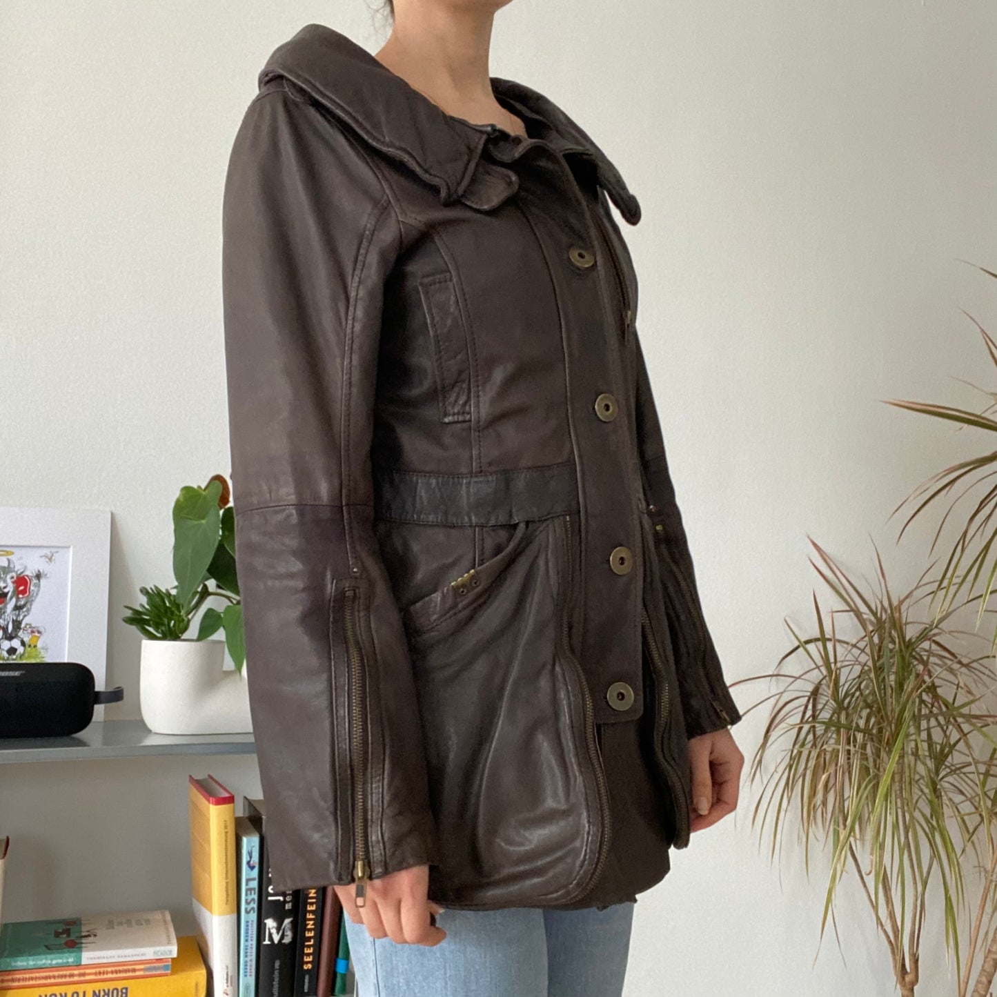 Unisex cinched waist Brown Leather Jacket