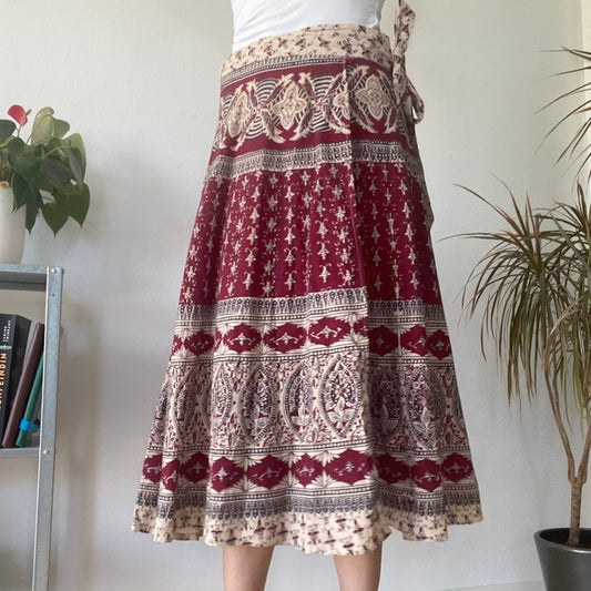 Red Boho Print Midi Skirt Vintage Wrap Style Festival A Line Skirt