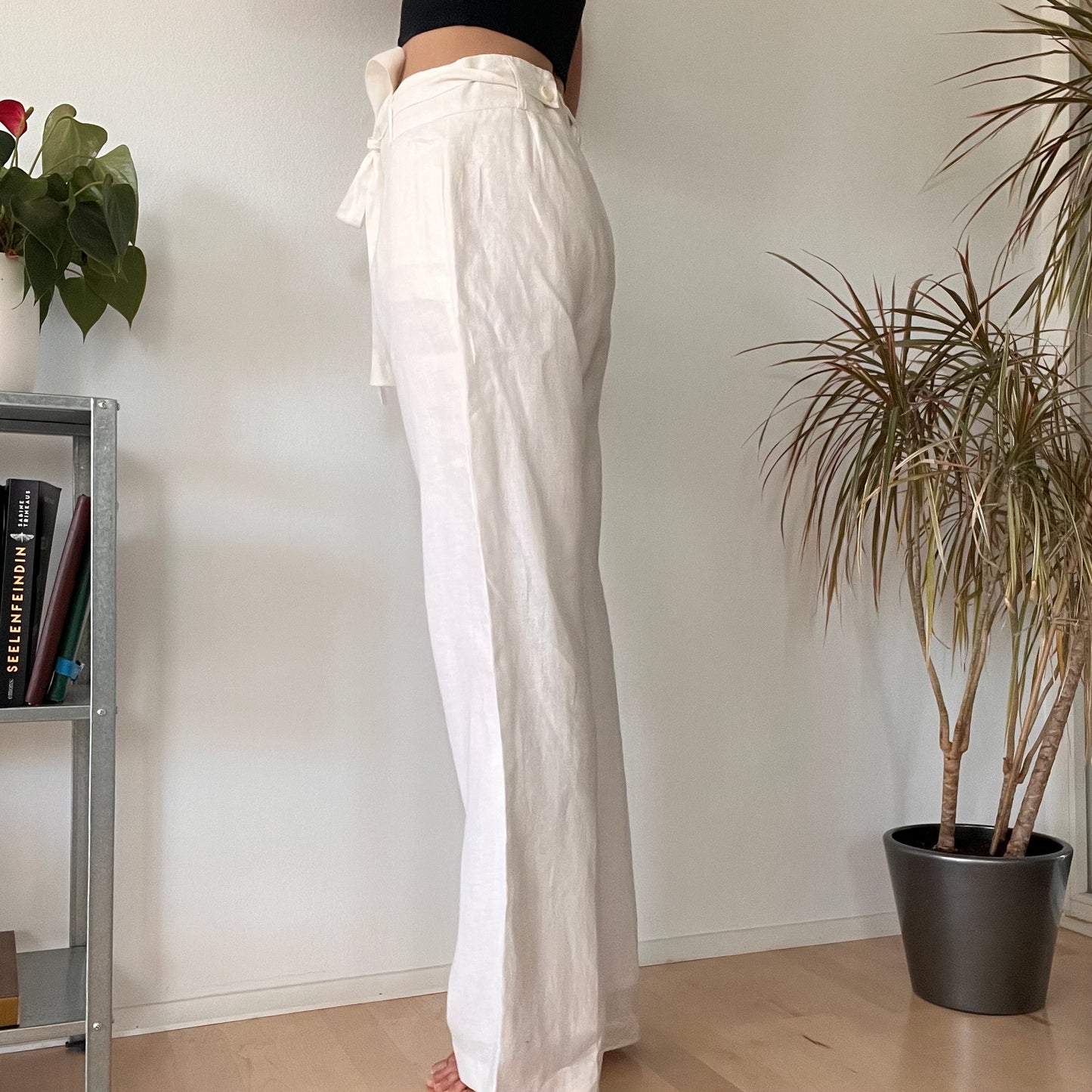 Wide linen long white trousers-XL
