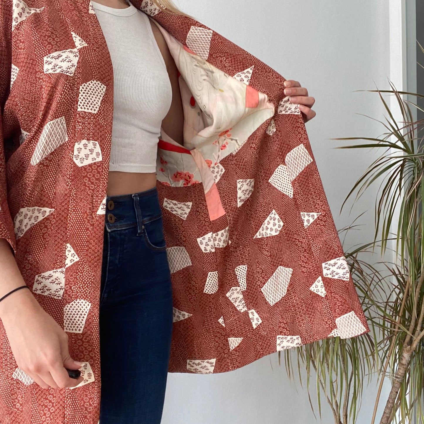 Rust Brown Printed Kimono Jacket- One size