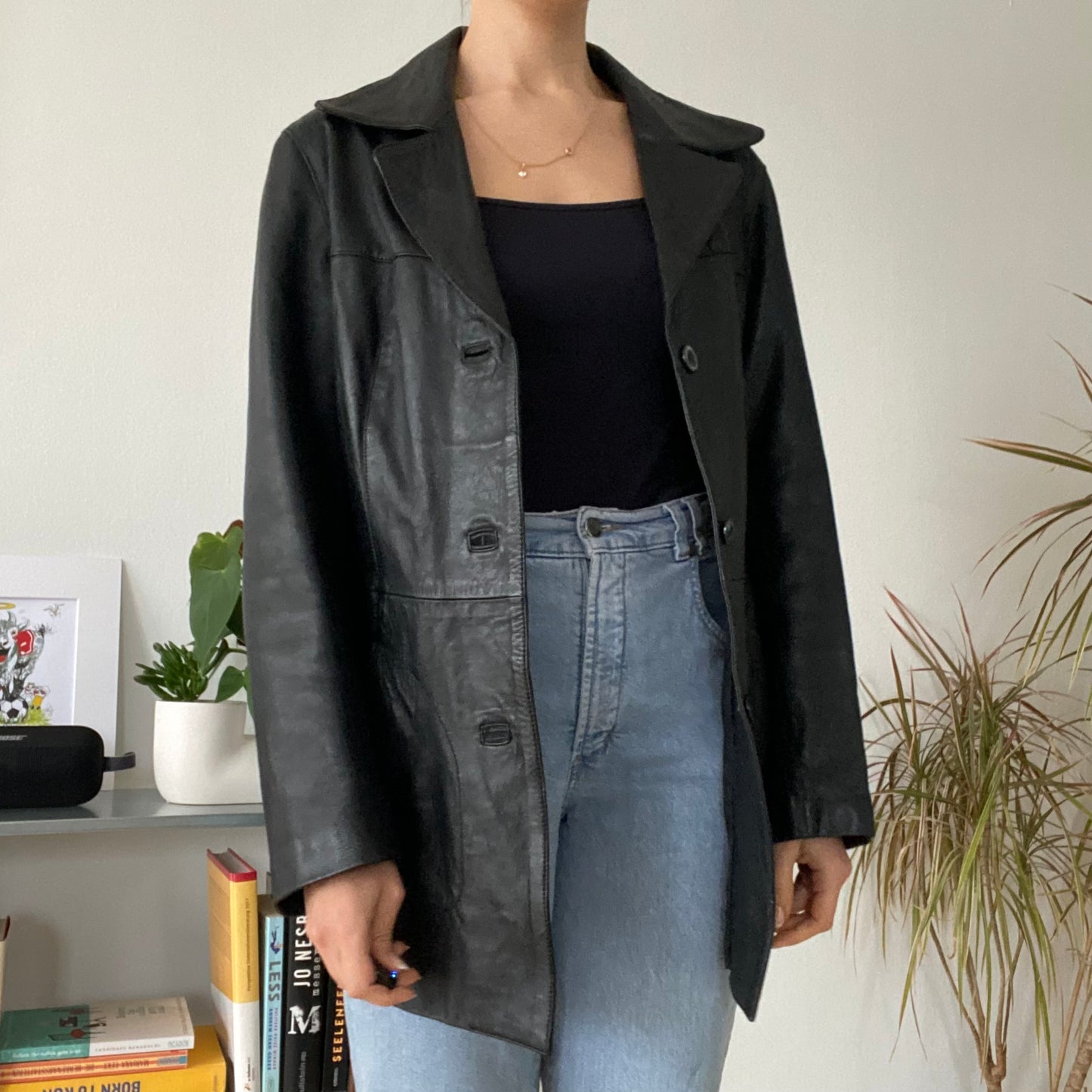 Mid-length black leather jackets 90s size 50