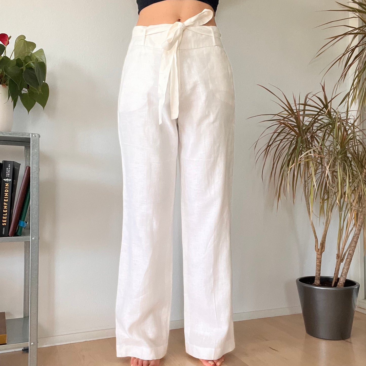 Wide linen long white trousers-XL