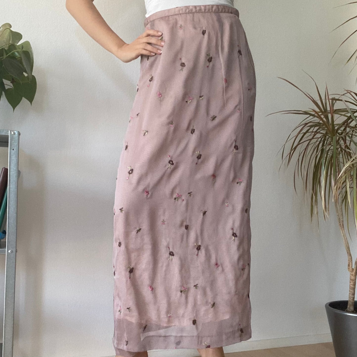 Pink Sheer Embroidered Midi Skirt Y2K Vintage Floral Mesh Skirt