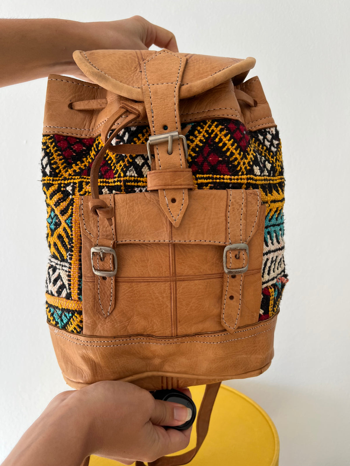 Boho leather camel brown backpack