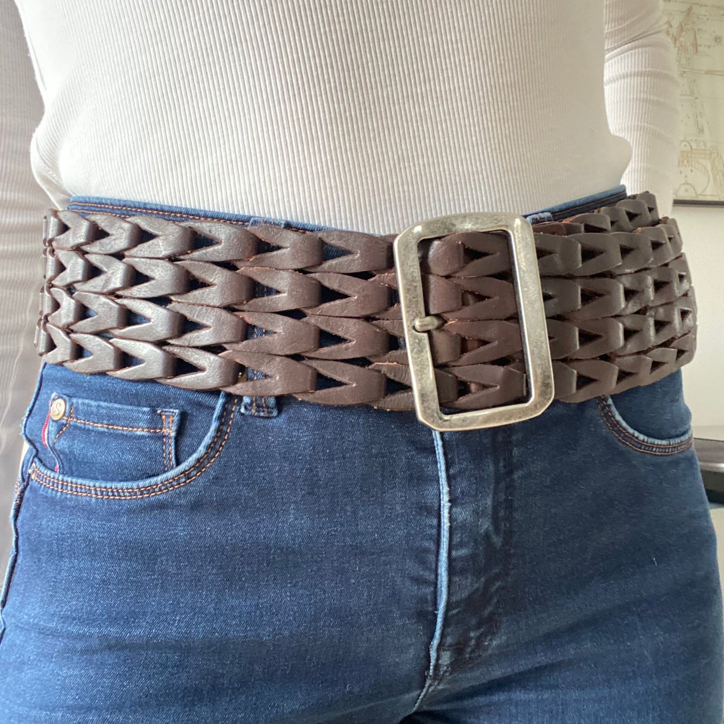 Thick brown braided leather belt