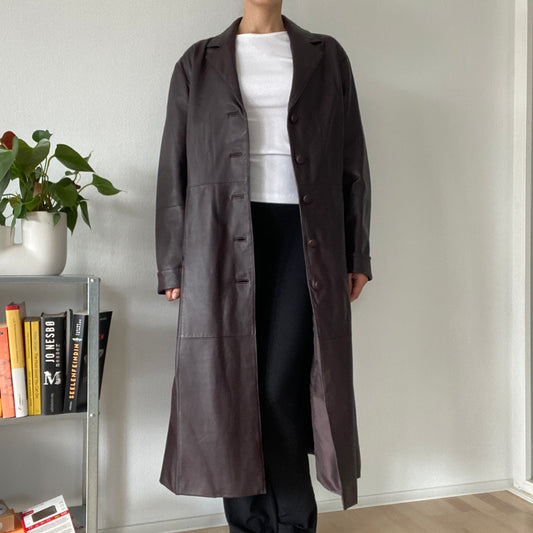 Long brown leather coat