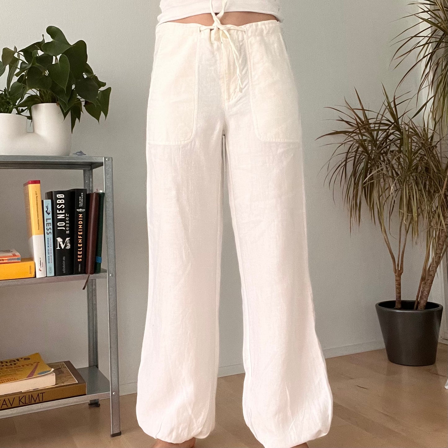 White Linen Wide Leg Drawstring Trousers-Size S