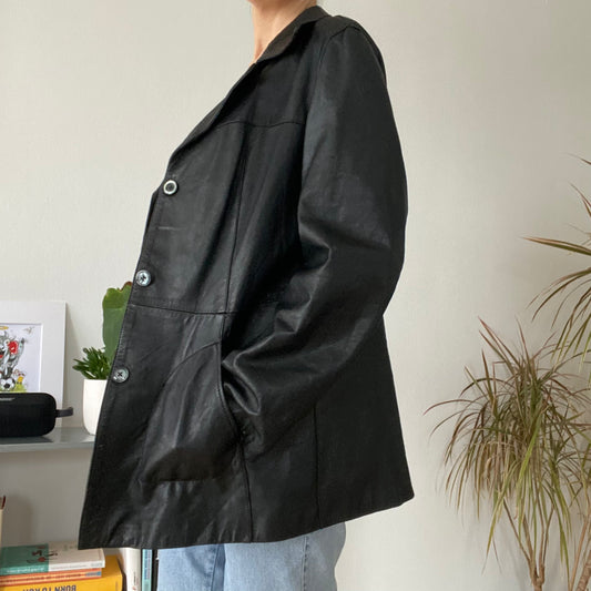 Mid-length black leather jackets 90s size 50