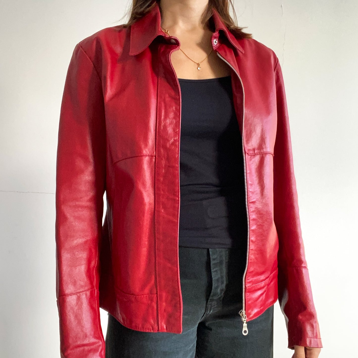 Red leather jacket with zipper